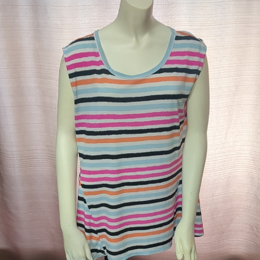 Chaus Striped Sleeveless Scoop-Neck Tank in Pink, Blue, Black, Orange
